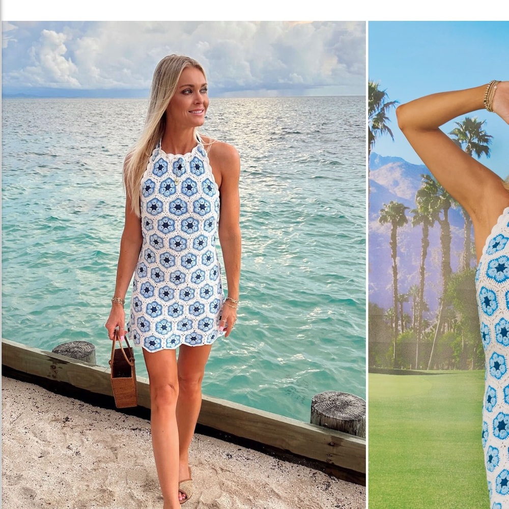 Show Me Your MuMu Blue & White Crochet Halter Dress